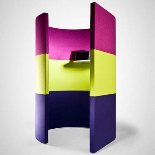 purple, yellow and blue nautilus telephone booth era