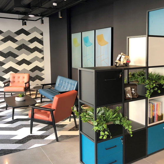 Reception office furniture and cube storage in a modern office environment