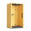 Yellow modern telephone booth with a glass door