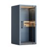 Blue telephone booth with a glass door